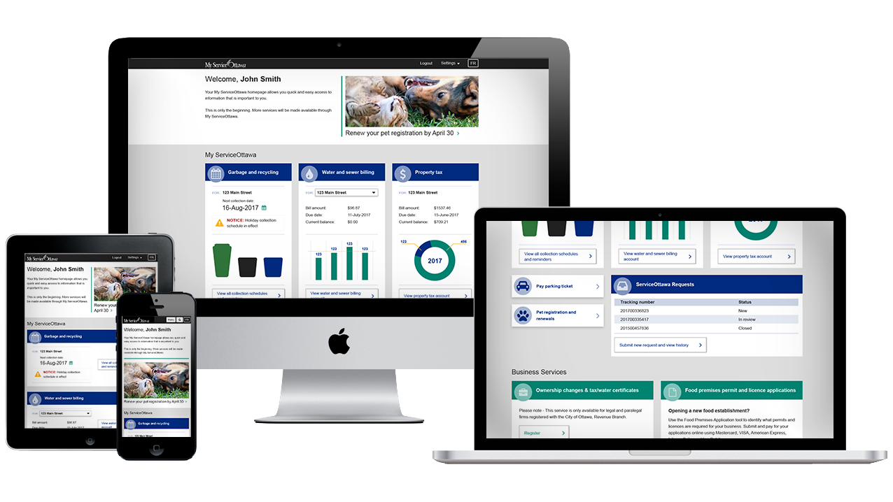 Screenshots of the My Service Ottawa dashboard viewed on various mobile and desktop devices.