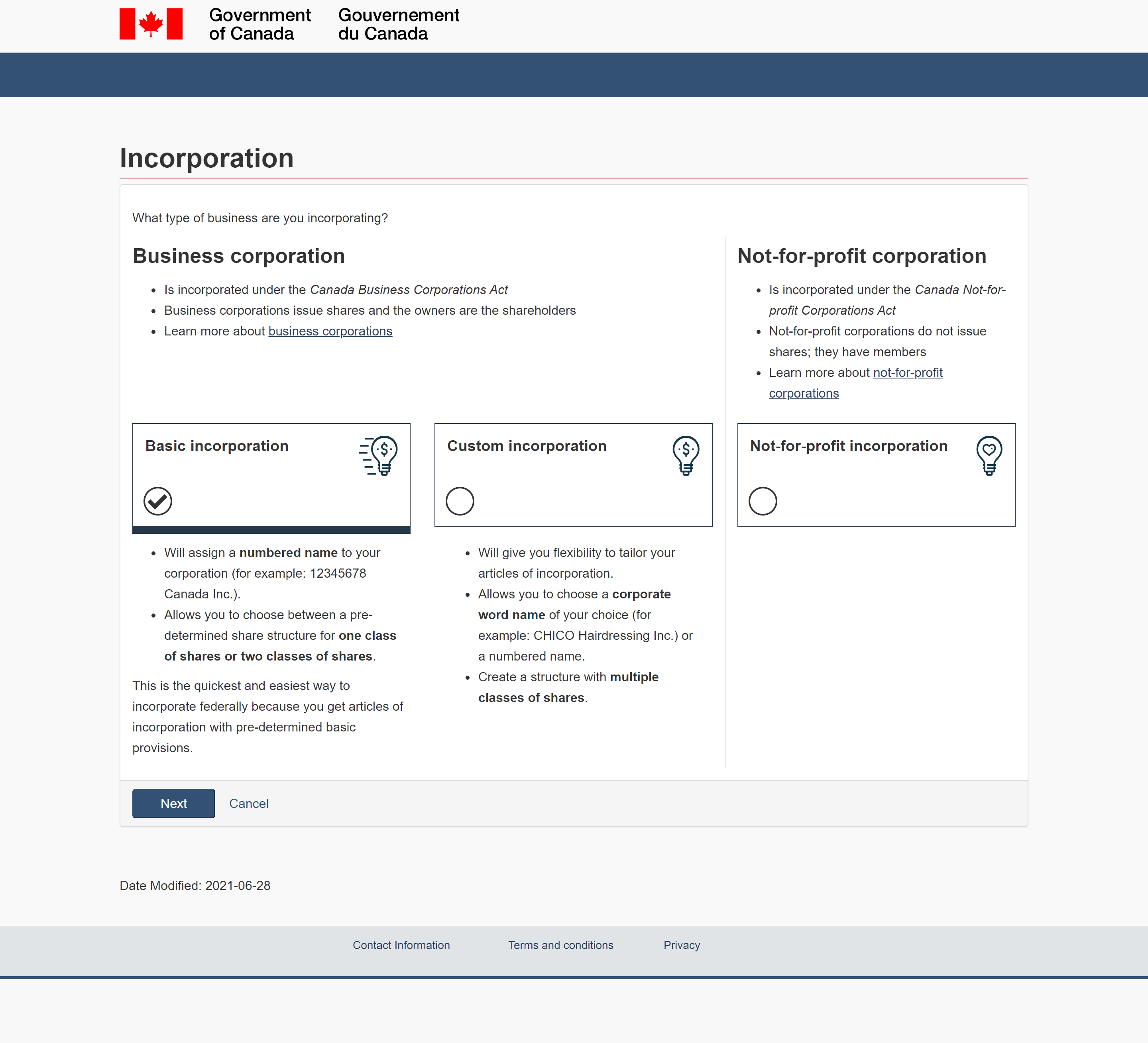 Screen where user chooses the Basic Incorporation option